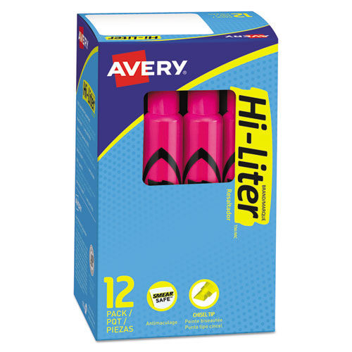 Highlighters | Avery 24010 HI-LITER Desk-Style Chisel Tip Highlighters - Fluorescent Pink Ink/Black Barrel (1-Dozen) image number 0