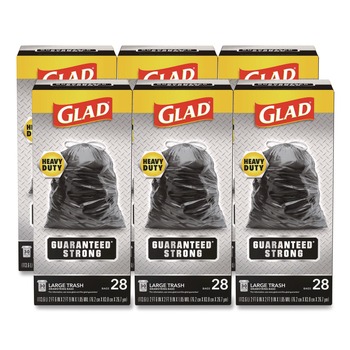 Glad Guaranteed Strong 30 in. x 33 in. 1.05 mil 30 Gallon Three-Ply Large Drawstring Trash Bags - Black (168/Carton)