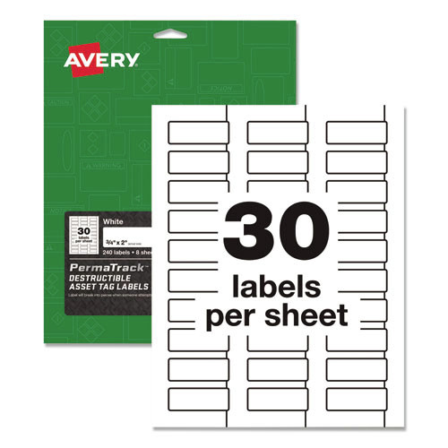  | Avery 60531 PermaTrack 0.75 in. x 2 in. Laser Printers Destructible Asset Tag Labels - White (30/Sheet 8 Sheets/Pack) image number 0