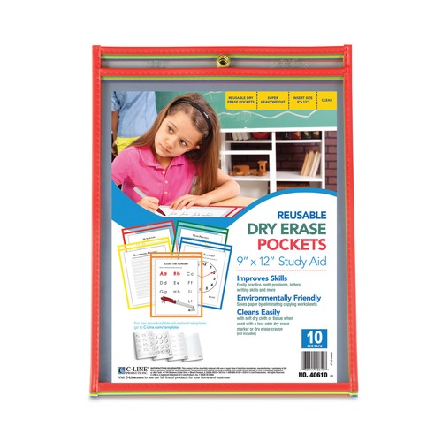  | C-Line 40610 9 in. x 12 in. Reusable Dry Erase Pockets - Assorted Primary Colors (10/Pack) image number 0