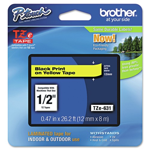 Bulk Savings Pricing 2 | Brother P-Touch TZE631 0.47 in. x 26.2 ft. TZe Standard Adhesive Laminated Labeling Tape - Black on Yellow image number 0