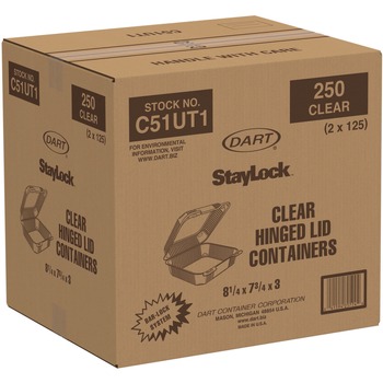 Dart StayLock 7.8 in. x 8.3 in. x 3 in. Plastic Hinged Lid Containers - Clear (250/Carton)