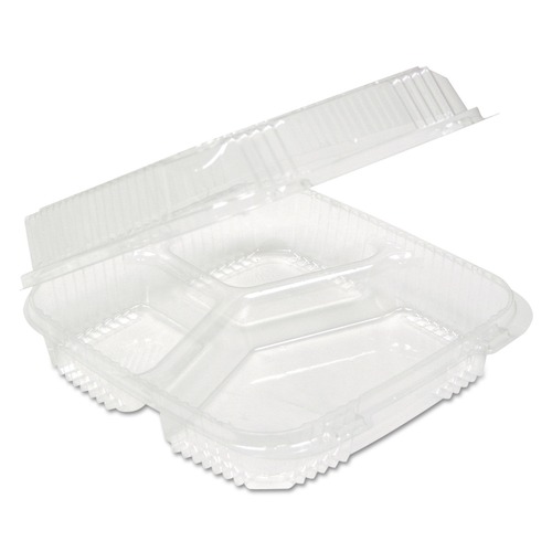 Food Trays, Containers, and Lids | Pactiv Corp. YCI811230000 Clearview 3 Compartment 5 oz. Hinged Lid Food Containers - Clear (200/Carton) image number 0