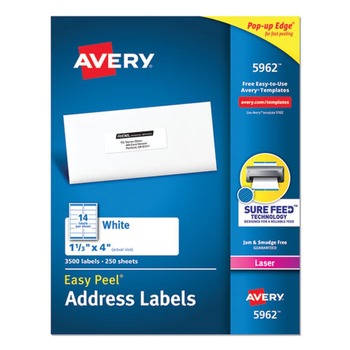 Avery 1.33 in. x 4 in. Easy Peel Address Labels with Sure Feed Technology for Laser Printers - White (14/Sheet, 250 Sheets/Box)