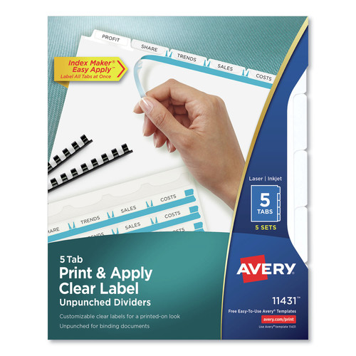 Office Jansan | Avery 11431 Index Maker 11 in. x 8.5 in. Print and Apply Clear Label Unpunched Dividers - White (5/Pack) image number 0