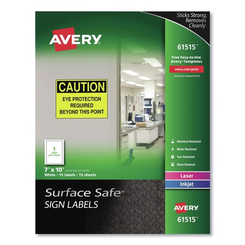  | Avery 61515 7 in. x 10 in. Surface Safe Removable Label Safety Signs - White (15/Pack) image number 0