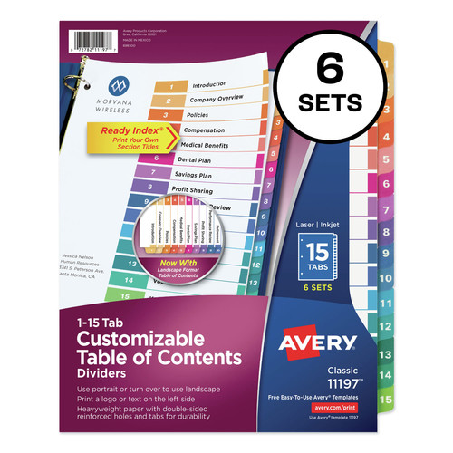 Office Jansan | Avery 11197 Ready Index 11 in. x 8.5 in. 15-Tab 1 to 15 Customizable TOC Dividers - Multicolor Tabs/White (6/Pack) image number 0
