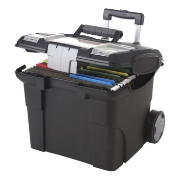 Storex 15 in. x 16.38 in. x 14.25 in. Premium Mobile Letter File Transport Box with Telescoping Handle and Organizer Tray - Black/Gray