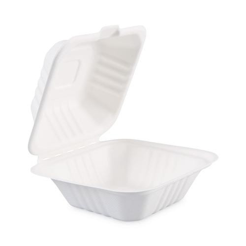  | Boardwalk HL-66BW 6 in. x 6 in. x 3.19 in. 1-Compartment Hinged-Lid Sugarcane Bagasse Food Containers - White (125/Sleeve, 4 Sleeves/Carton) image number 0