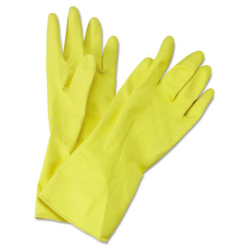 Cleaning Gloves | Boardwalk BWK242M Flock-Lined Latex Cleaning Gloves - Medium, Yellow (1 Dozen) image number 0