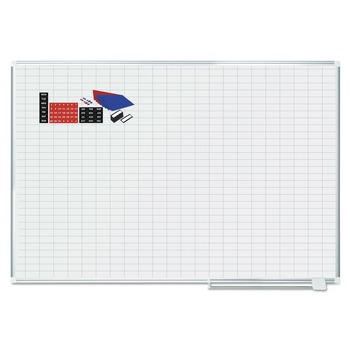 MasterVision 1 in. x 2 in. Grid 72 in. x 48 in. Aluminum Lacquered Steel Magnetic Dry Erase Planning Board with Accessories - White/Silver