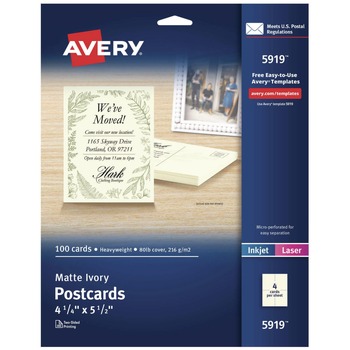 Avery 80 lbs. 4.25 in. x 5.5 in. Printable Postcards for Inkjet/Laser Printers - Matte Ivory (100 Cards, 4 Cards/Sheet, 25 Sheets/Pack)