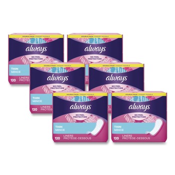 Always 10796 Thin Daily Panty Liners, Regular, 120/pack, 6 Packs/carton