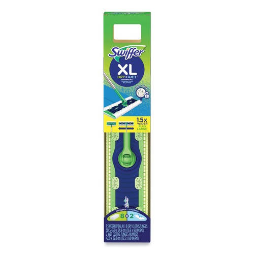Cleaning Cloths | Swiffer 80337555 16.5 in. x 9 in. Cloth Head 46 in. Aluminum/Plastic Handle Sweeper Mop - White Head/Green/Silver Handle image number 0