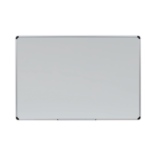 Office Jansan | Universal UNV43843 72 in. x 48 in. Deluxe Porcelain Magnetic Dry Erase Board - White Surface/Silver/Black Aluminum Frame image number 0