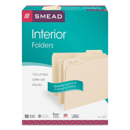 Office Jansan | Smead 10230 0.75 in. Expansion Letter Size 1/3-Cut Tabs Assorted Interior File Folders - Manila (100/Box) image number 0