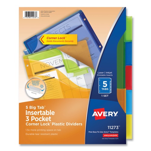 Office Jansan | Avery 11273 Big Tab 11.13 in. x 9.25 in. 5-Tab Insertable Plastic Three-Pocket Corner Lock Dividers - Assorted (1-Set) image number 0