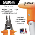 Cable and Wire Cutters | Klein Tools 11049-INS Wire Stripper Cutter for 8 - 16 AWG Stranded Wire - Orange image number 1