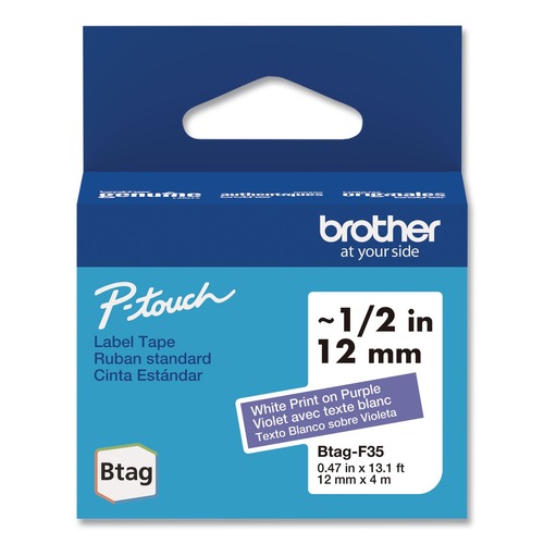 Labels | Brother P-Touch BTAGF35 0.47 in. x 13.1 ft. Genuine P-Touch BTAG Label Tapes - White on Purple image number 0