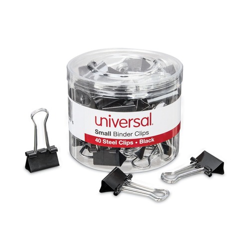 Customer Appreciation Sale - Save up to $60 off | Universal UNV11140 Binder Clips in Dispenser Tub - Small, Black/Silver (40/Pack) image number 0