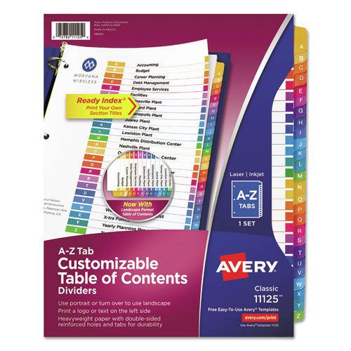 Office Jansan | Avery 11125 Ready Index 11 in. x 8.5 in. 26-Tab A to Z Customizable TOC Multicolor Tab Dividers - White/Traditional Color Tabs (1-Set) image number 0