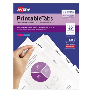 Avery 1.75 in. Wide 1/5-Cut Printable Plastic Tabs with Repositionable Adhesive - White (80/Pack)