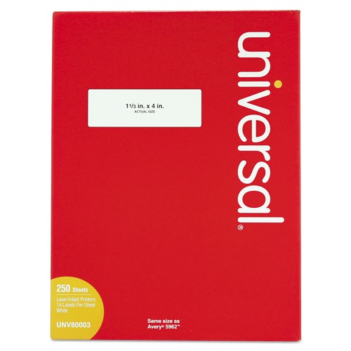 Universal UNV80003 Inkjet/Laser 1.33 in. x 4 in. Labels - White (250 Sheets/Box, 14/Sheet) image number 0