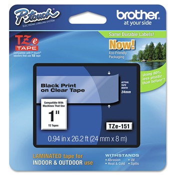 Brother P-Touch TZe 0.94 in. x 26.2 ft. Standard Adhesive Laminated Labeling Tape - Black on Clear