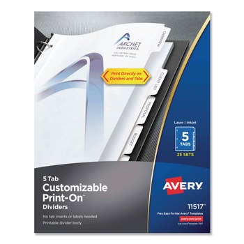 Avery Print-On 11 in. x 8.5 in. 5-Tab 3-Hole Customizable Punched Dividers - White (125/Pack)