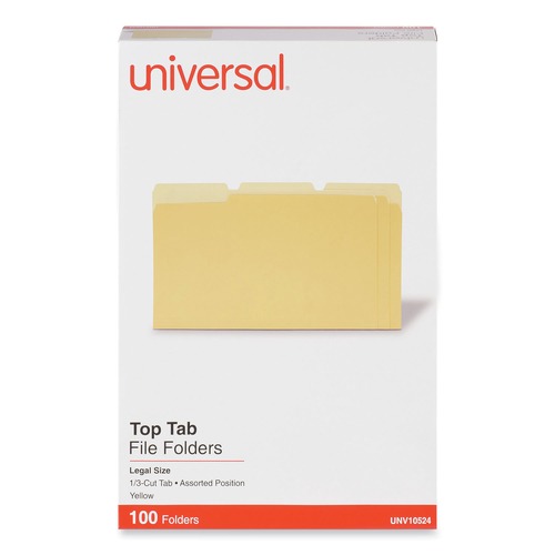 File Folders | Universal UNV10524 1/3 Cut Tabs Legal Size Assorted Deluxe Colored Top Tab File Folders - Yellow/Light Yellow (100/Box) image number 0