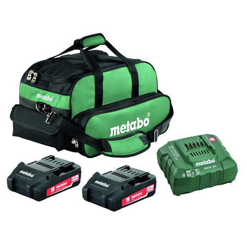 Battery and Charger Starter Kits | Metabo US625596020 Ultra-M 2 Ah Lithium-Ion Battery (2-Pack), Charger, and Canvas Bag Kit image number 0