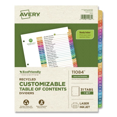 Office Jansan | Avery 11084 Ready Index 11 in. x 8.5 in. 31-Tab 1 to 31 Customizable Table of Contents Dividers with Multicolor Tabs - White (1-Set) image number 0