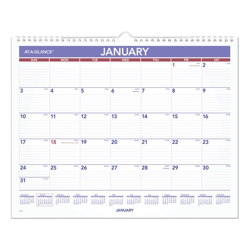  | AT-A-GLANCE PM828 12 Month: Jan 2026 to Dec 2026 15 in. x 12 in. Monthly Wall Calendar - White/Red/Blue Sheets image number 0