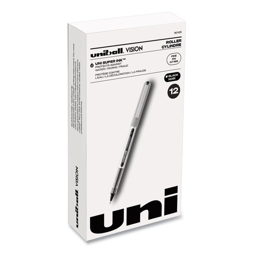  | uni-ball 60126 VISION Fine 0.7 mm Black Ink Roller Ball Pen Stick - Silver/Black/Clear Barrel (1 Dozen) image number 0