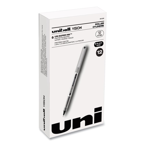 Office Jansan | uni-ball 60126 VISION Fine 0.7 mm Black Ink Roller Ball Pen Stick - Silver/Black/Clear Barrel (1 Dozen) image number 0