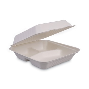 FOOD TRAYS CONTAINERS LIDS | Boardwalk HL-93BW 3 Compartment 9 in. x 9 in. x 3.19 in. Bagasse Hinged Lid Food Containers - White (2 Sleeves/Carton, 100/Sleeve)