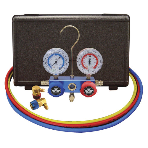 Air Conditioning Recovery Recycling Equipment | Mastercool 89660-PRO5 R134A Aluminum 2-Way Manifold Gauge Set with Can Tap Valve image number 0