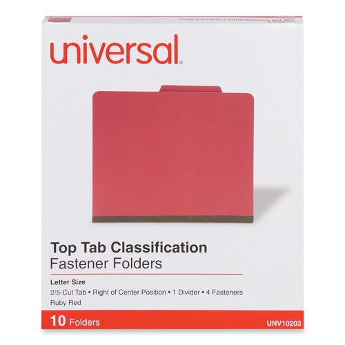 Universal UNV10203 Letter Size 1 Divider Bright Colored Pressboard Classification Folders - Ruby Red (10/Box) image number 0