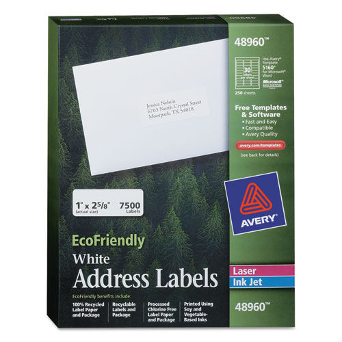  | Avery 48960 1 in. x 2.632 in. EcoFriendly Adhesive Address Labels - White (30-Piece/Sheet, 250 Sheets/Box) image number 0