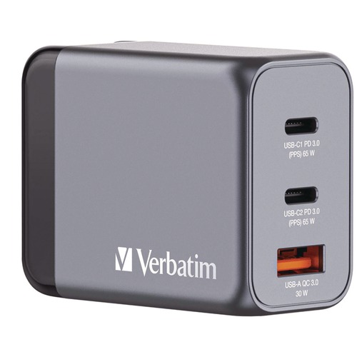 Office Electronics & Batteries | Verbatim 32201 65 Watts 3-Port GaN Wall Charger - Black/Gray image number 0