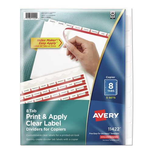Office Jansan | Avery 11422 Index Maker 11 in. x 8.5 in. 8-Tab Copiers Print and Apply Clear Label Dividers - White (5/Pack) image number 0