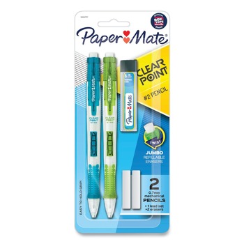 Paper Mate 0.7 mm Clear Point HB No. 2 Mechanical Pencils with Tube of Lead/Erasers - Black Lead/Randomly Assorted Barrel Colors (2/Set)