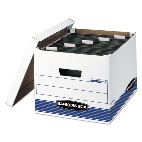 Office Jansan | Bankers Box 00785 13 in. x 16 in. x 10.5 in. HANG'N'STOR Medium-Duty Storage Boxes for Letter/Legal Files - White/Blue (4/Carton) image number 0