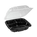 Food Service | Pactiv Corp. DC858310B000 21 oz 3-Compartment EarthChoice Vented Dual Color Microwavable Hinged Lid Container - Black/Clear (150/Carton) image number 1