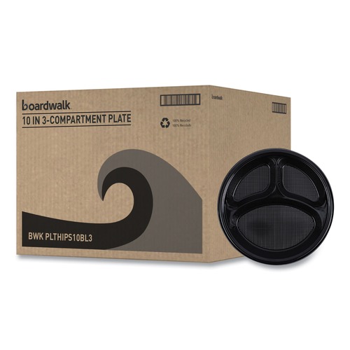  | Boardwalk BWKPLTHIPS10BL3 Hi-Impact 3 Compartment 10 in. Plastic Dinner Plates - Black (500/Carton) image number 0