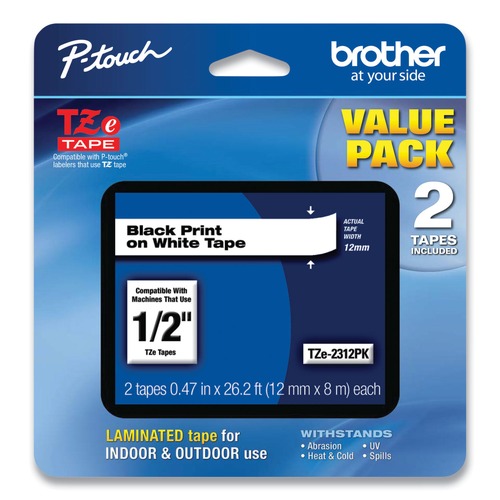 Office Jansan | Brother P-Touch TZE2312PKG Tze Standard Adhesive 0.47 in. x 26.2 ft. Laminated Labeling Tapes - Black On White (2/Pack) image number 0
