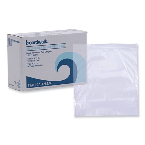 Food Trays, Containers, and Lids | Boardwalk BWK1GALFZRBAG 1 Gallon 10.5 in. x 11 in. Reclosable Freezer Storage Bags - Clear (250/Box) image number 0