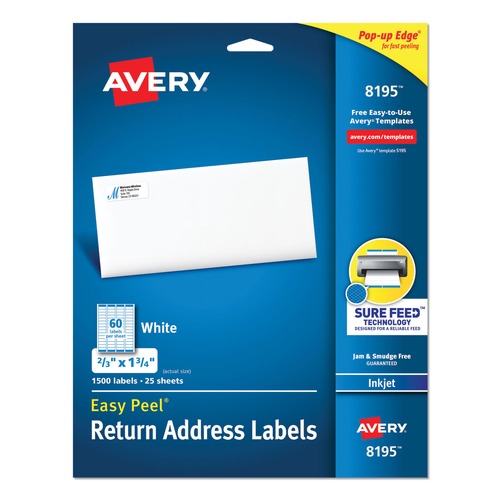  | Avery 08195 0.66 in. x 1.75 in. Easy Peel Address Labels with Sure Feed Technology - White (60/Sheet, 25 Sheets/Pack) image number 0