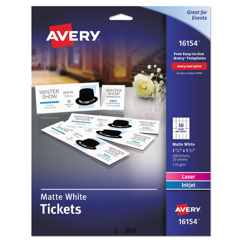 Office Jansan | Avery 16154 8.5 in. x 11 in. 65 lbs. Cover Weight 97 Bright Printable Tickets w/Tear-Away Stubs - White (200/Pack) image number 0