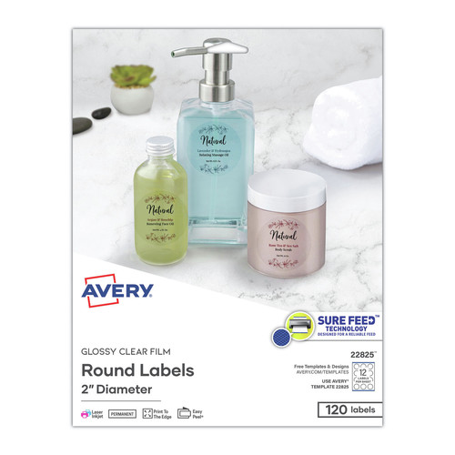 Office Jansan | Avery 22825 2 in. Diameter Print-to-the Edge Labels with Sure Feed and Easy Peel - Round Glossy Clear (120/Pack) image number 0